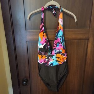 NWOT Women's Aqua Green Multicolor Halter Top Black One-Piece Swimsuit Sz Large